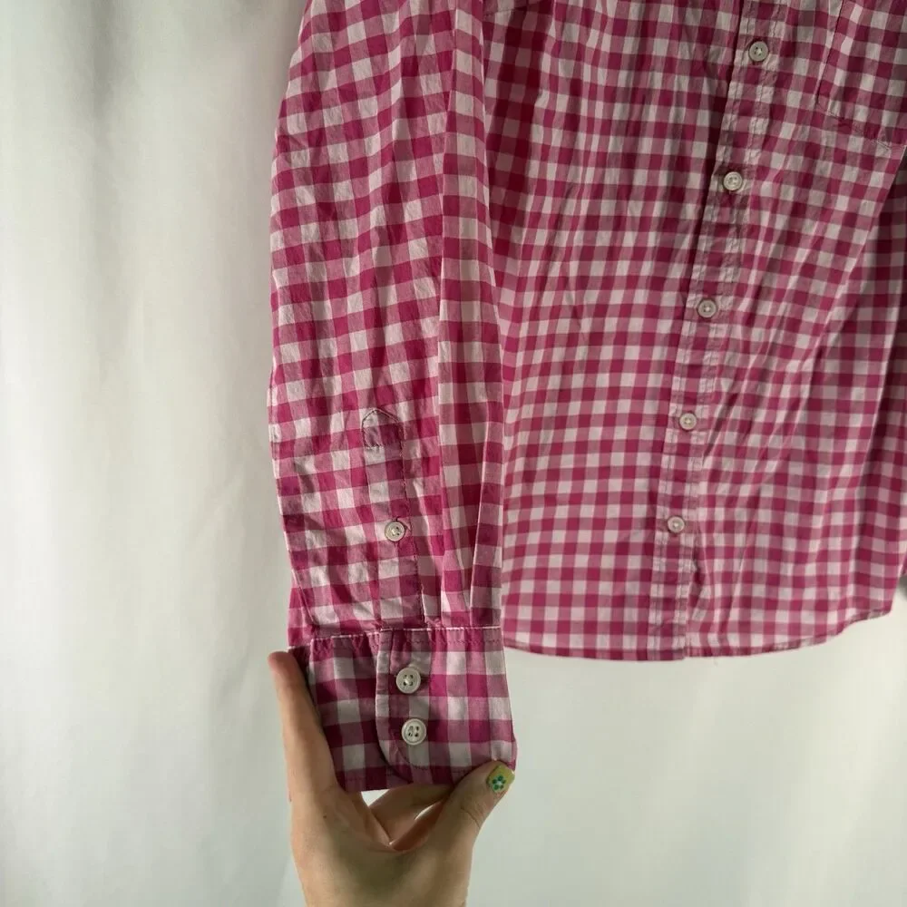 J Crew Button Down Shirt Women's Large Pink White Plaid Long Sleeve Collared Lig